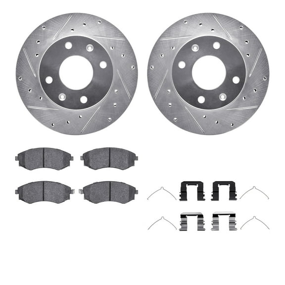 Dynamic Friction Company Front Brake Rotors-Drilled and Slotted-Silver with 5000 Advanced Brake Pads includes Hardware 7512-72036