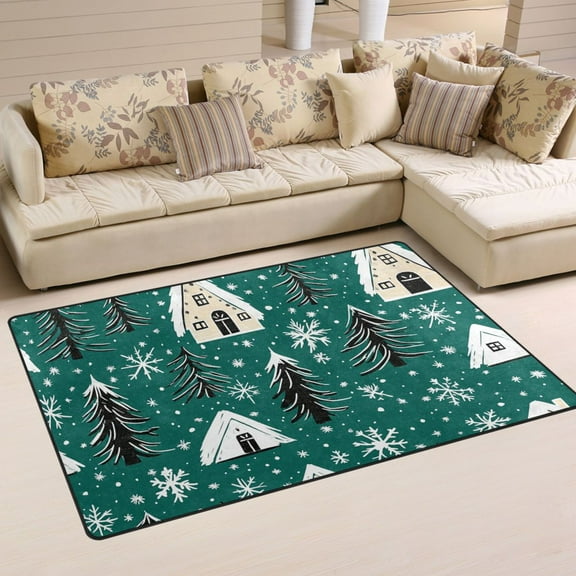 Winter Cabin and Snowflakes Soft Polyester Area Rug 31''x20'', Non Slip, Memory Foam, Water Absorbent