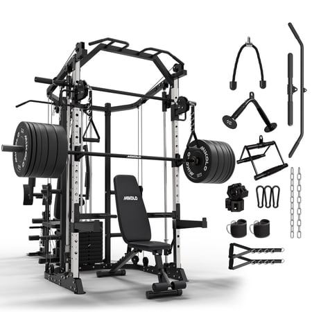 Mikolo Smith Machine Power Cage, Multi-Function Home Gym System with Cable Crossover, 121LB Weight Stack