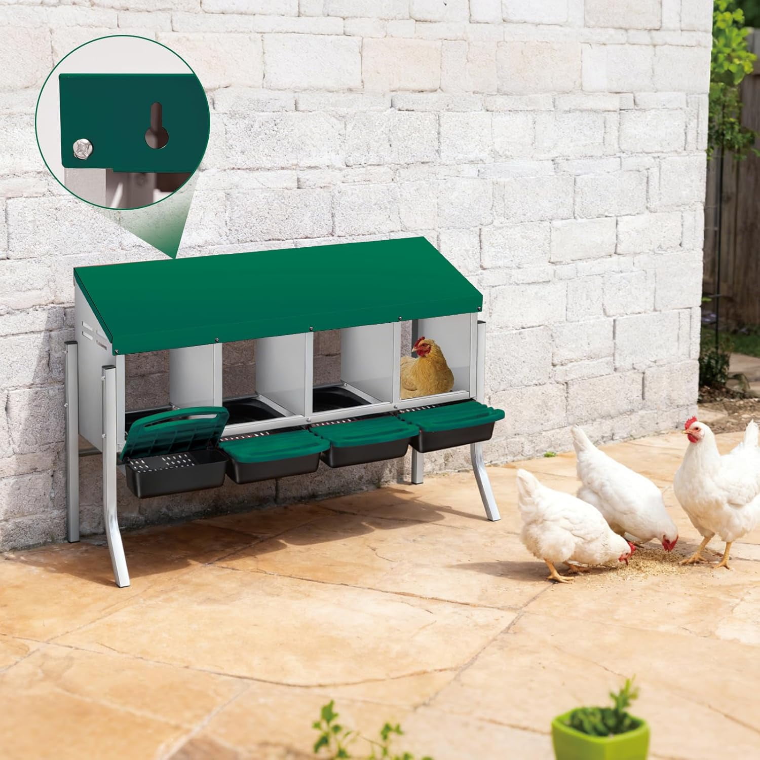 Sunvasagoo Zinc Alloy Chicken Nesting Box, 3/4 Hole Roll Away Egg Laying Box w/ Removable Tray, Wall Mount or Freestanding