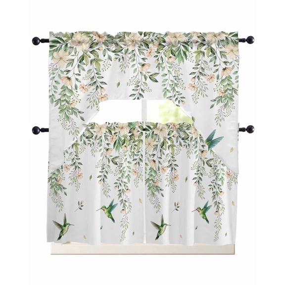 Green Eucalyptus Leaves Swag Kitchen Curtains Sets for Windows 24 Inch Length, Birds Flowers Spring Watercolor Floral Short Window Curtain Swags Valances and Tiers 3 Piece Set for Cafe/Dining Room