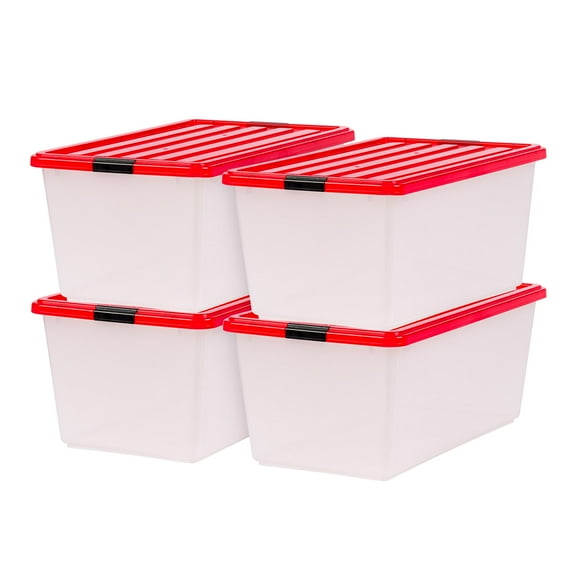 IRIS USA 4Pack 91qt Christmas Plastic Storage Bins with Lids and Secure Latching Buckles, Clear/Red
