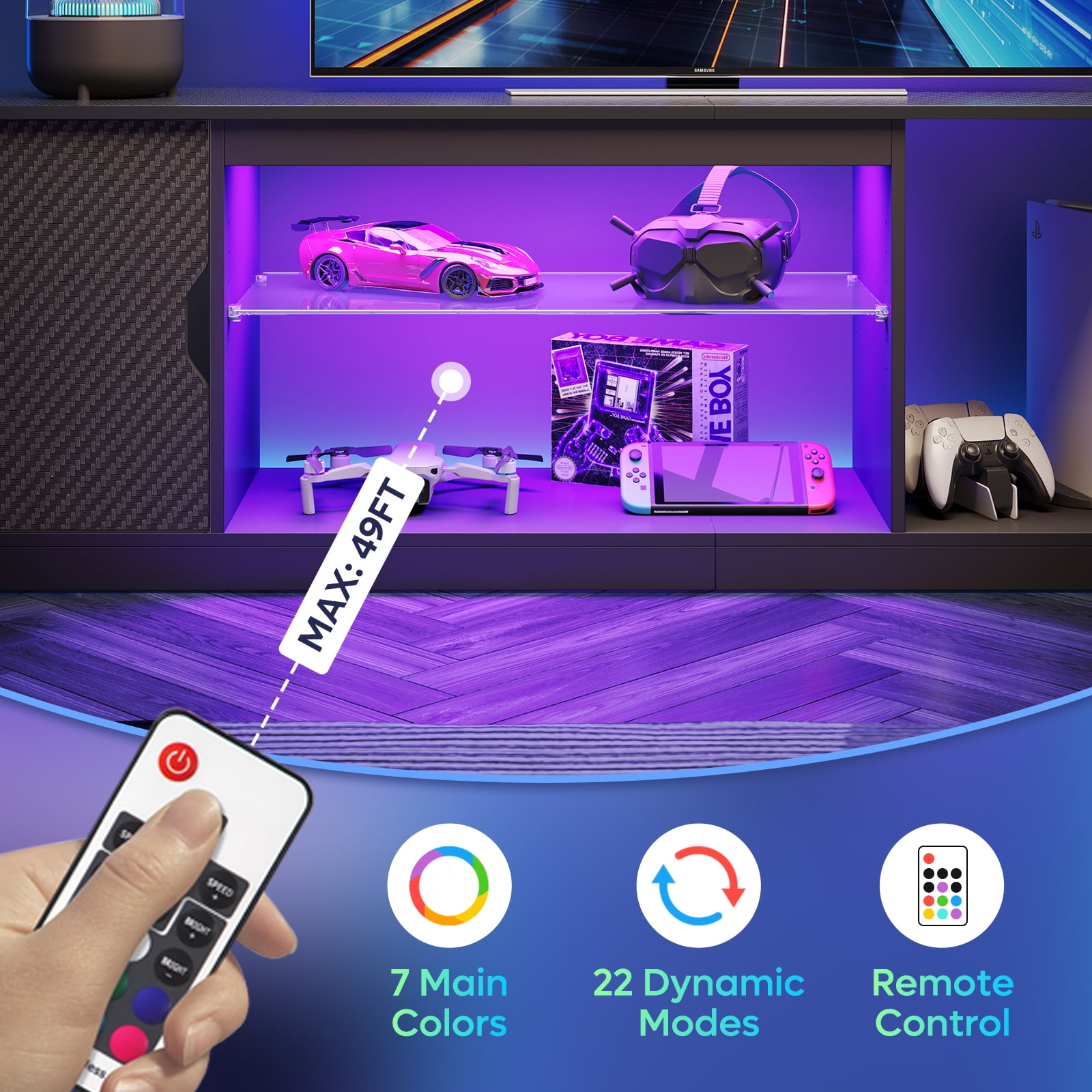 Bestier LED TV Stand for 75 in TVs, Gaming Entertainment Center with Storage for PS5, Adjustable Glass Shelf TV stand for Living Room, Black