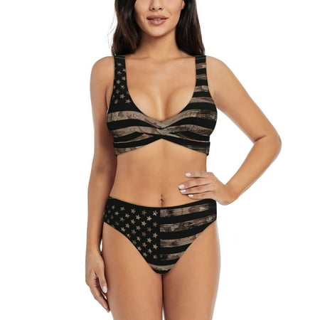 Zeuib American Flag with Desert Camouflage High Waisted Tummy Control Bikini Set - Knot Front Push Up Top & Cheeky Thong Bottom  Two-Piece Swimsuit for Women-X-Large