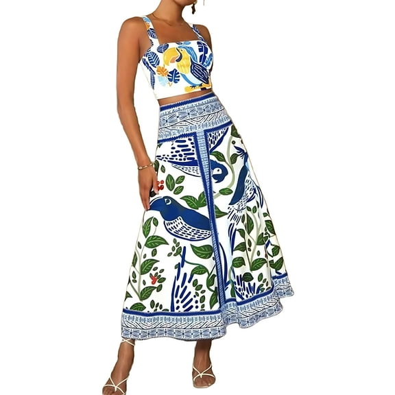 Womens Printed Skirt Outfits Floral Halter Crop Top A Line Maxi Skirt Casual Going Out Sets Blue M