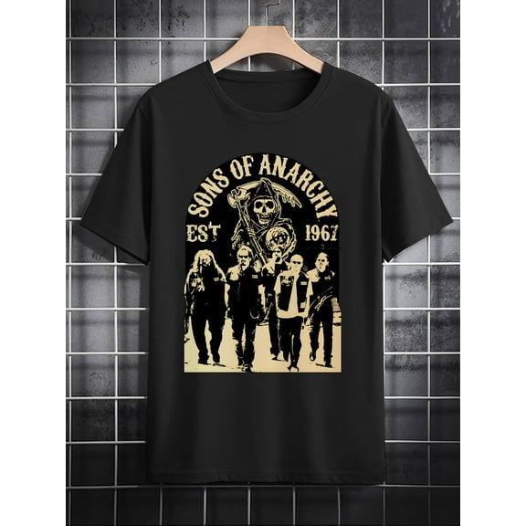 Men's Casual Crew Neck T-Shirt with "Sons of Anarchy" 3D Graphic Print – Black Polyester Summer Tee, Machine Washable, Perfect Gift for Men, Everyday Tshirt | Themed Apparel | Stretchy Material