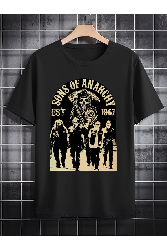 Men's Casual Crew Neck T-Shirt with "Sons of Anarchy" 3D Graphic Print Black Polyester Summer Tee, Machine Washable, Perfect Gift for Men, Everyday Tshirt | Themed Apparel | Stretchy Material