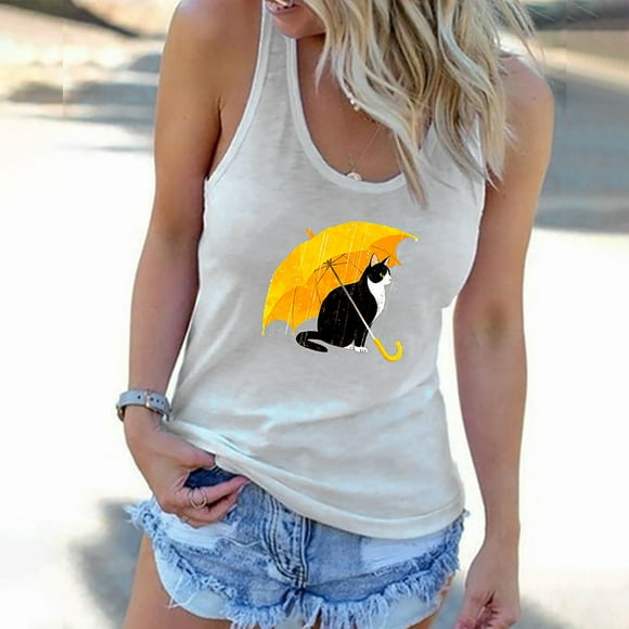 SMihono Womens Tops Womens Tank Top Women's Fashion Summer Sexy O Neck Casual Cat Printed Tank Sleeveless Tops Tank Tops for Women Womens Summer Tops