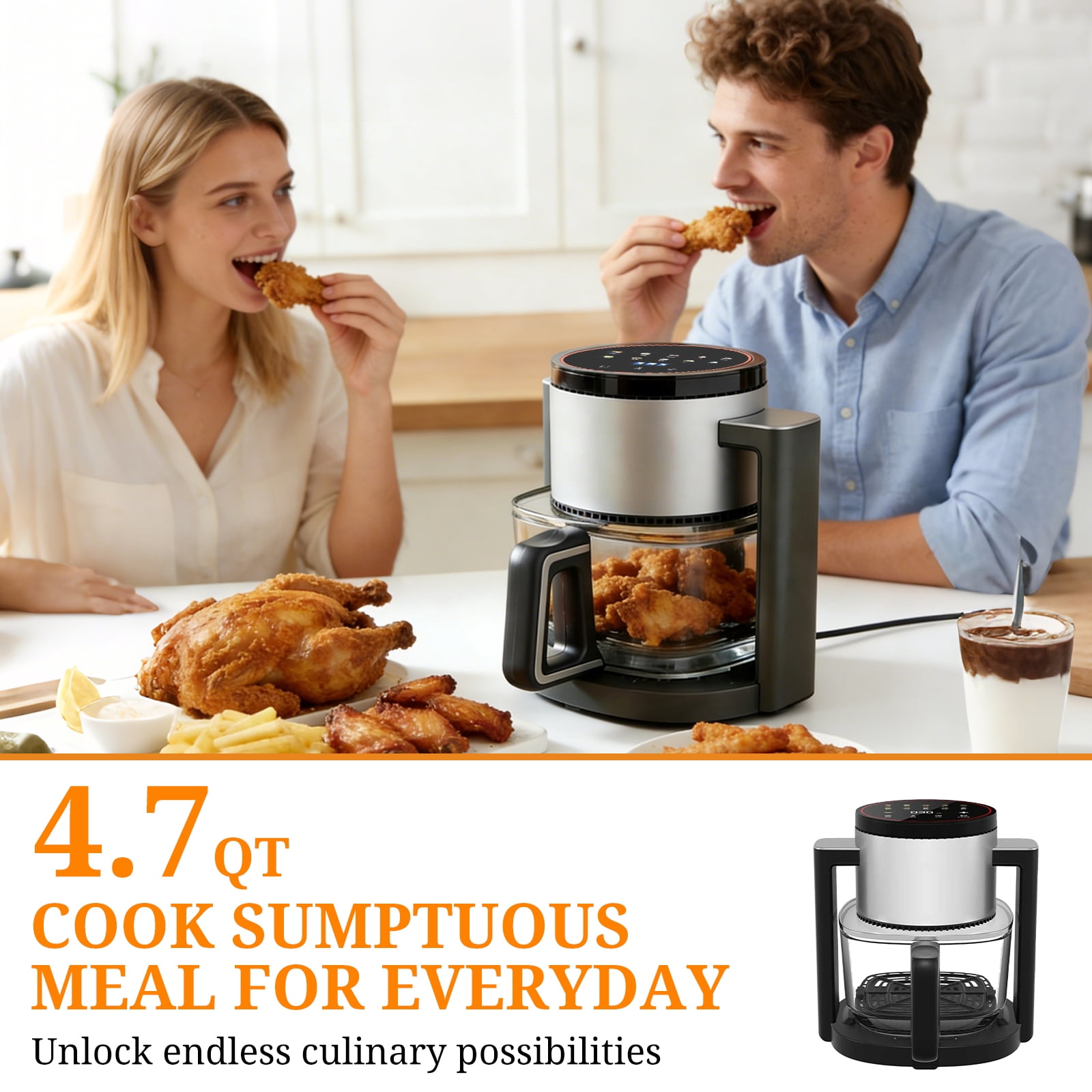 Atilioo 4.7 Qt Glass Air Fryer with 10 Presets Digital Touch, Compact Design, Quick & Easy Meals in Minutes, Gray