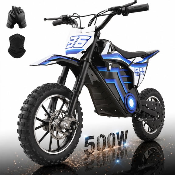 500W Electric Dirt Bike for 12 and Teens,36V 15Ah Off-Road Electric Motorcycle,Dual Speed Modes & 15.5 MPH Max Speed & 23.6 Mile Range,Disc Brakes & Full Suspension, 165LBS Max Load,Blue