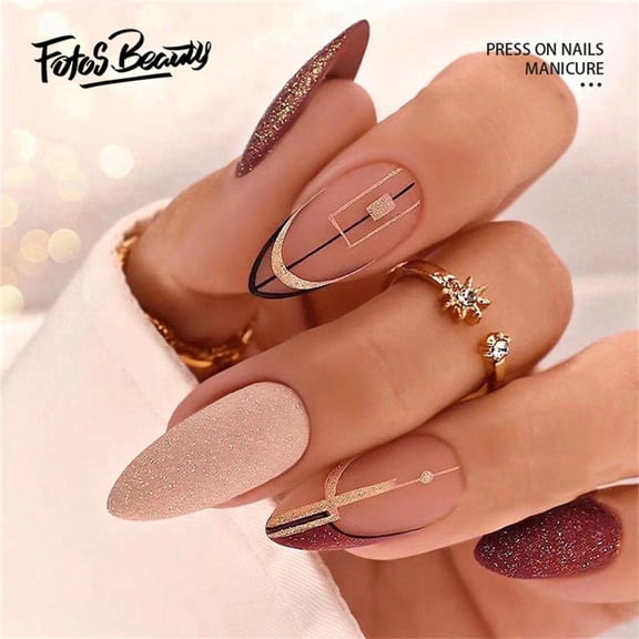 Fofosbeauty 24 pcs Almond Fake Nails Tips, Medium Press on French Nails, Almond Retro Elegant French