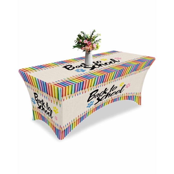 Fitted Tablecloth 6ft Back to School Rectangular Tablecloths Stretch Spandex Table Cover Washable Elastic Pencil Paw Print Linen Table Cloth Protector for Dinner Party Wedding Banquet