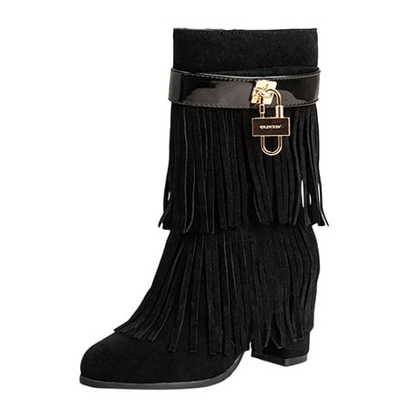 

PMUYBHF Foreign Trade Autumn And Winter Women s Boots Round Head Metal Lock Ornaments Tassel Mid Calf Boots Thick High Heel Women s Mid Calf Boots 46.98