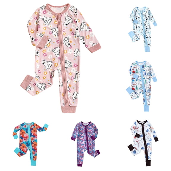RTKFRFLM Baby Printed Footless Romper Cartoon Zippered Long Sleeve Jumpsuit Light Blue2 12M