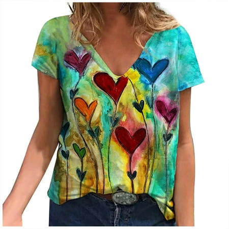 

kakina CMSX Womens Tops for Summer Fashion Causal V-Neck Vintage Love Printing Blouse Short Sleeve T-Shirt Summer Tops Plus Size Tops Easy Blouse Light Blue XL