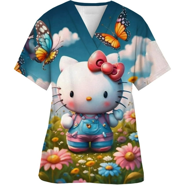 Uniforme d'Infirmière pour Femmes à Manches Courtes Hello Kitty Uniforme de Travail Blouse à Poche Hauts de Sarrau Uniformes Médicaux d'Infirmière Accessoires