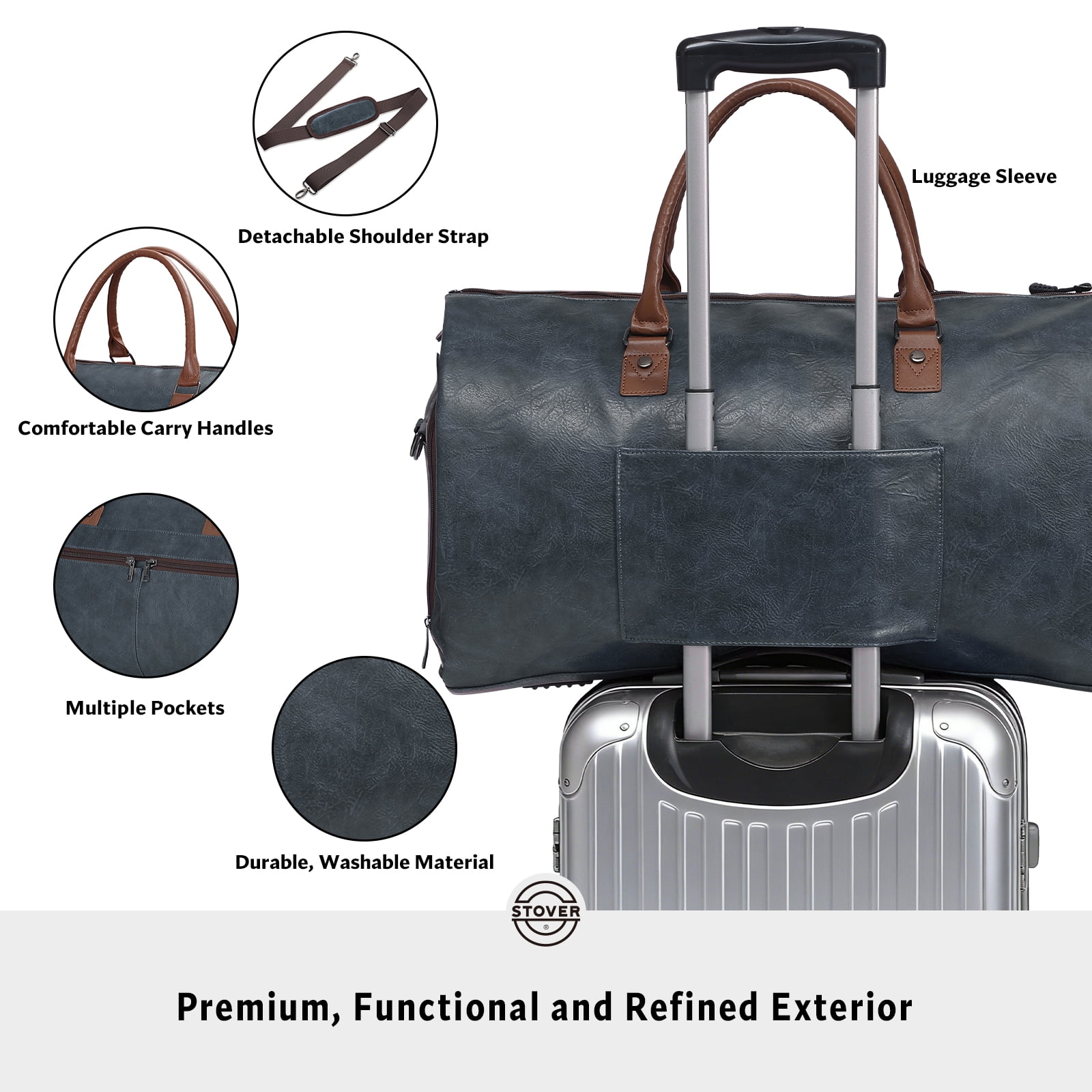 STOVER Garment Travel Duffle Bag, Large 2-in-1 Convertible Carry-on Luggage (Blue Leatherette)