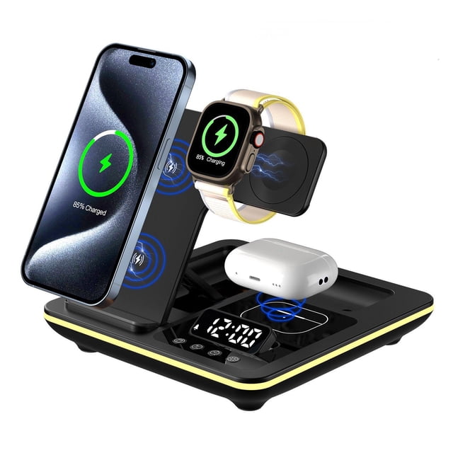 Cargador Inalámbrico 3 en 1 para iPhone 17 16 15 14 13 12 11 X 8 Apple Watch 11 10 9 8 7 6 5 4 3 2 SE Ultra y AirPods 4 3 2 Pro con Luz Táctil y Ventilación