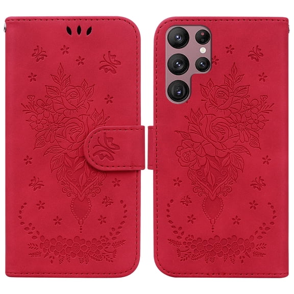 SaniMore for Samsung Galaxy S23 Ultra Case Flower Embossed Design, Card Wallet Cover for Women Girls with Card Holder Kickstand Wrist Strap PU Leather All-Round Shock Protection Shell, Red