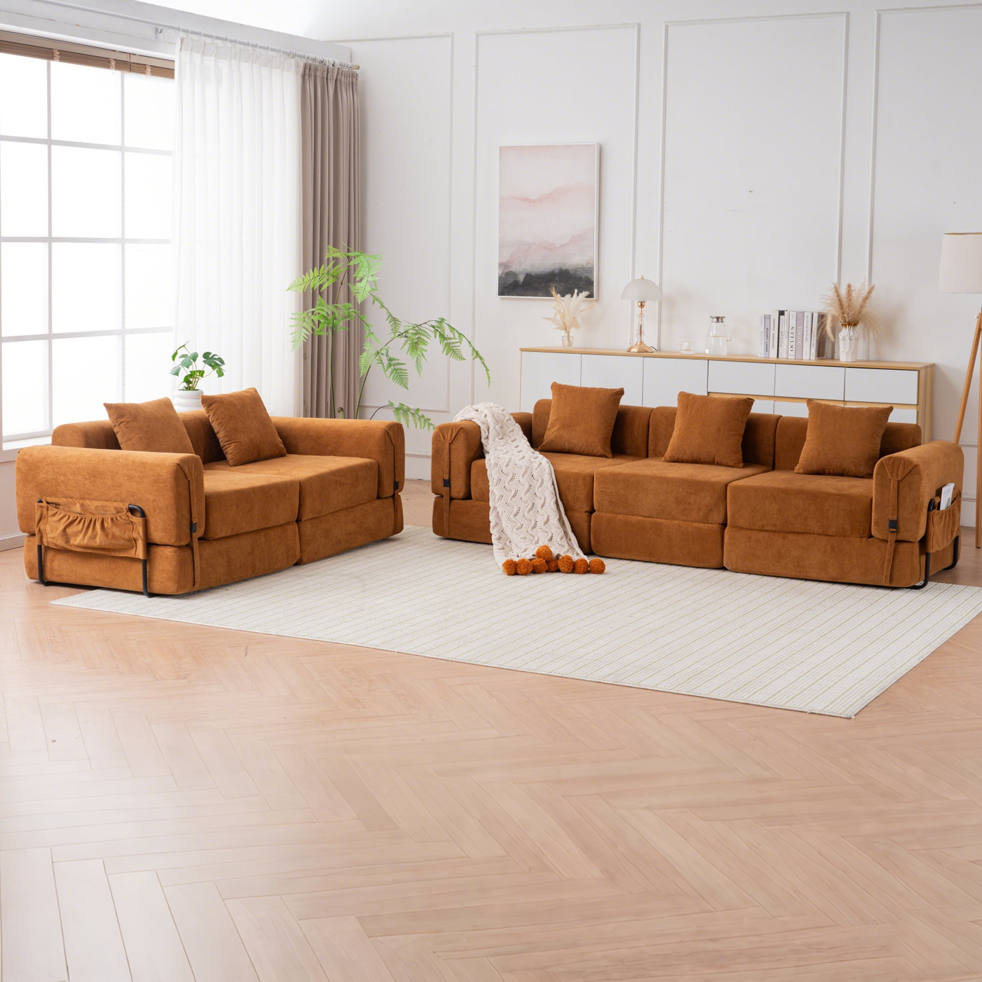 GNIXUU 98.81" Modern Modular Recliner Sofa, Convertible Sleeper Bed,Folding Mattress 3 Seater Couch with Fixed-Shape Frame ,Comfy Lazy Boneless Couches for Living Room Bedroom Lounge,Orange