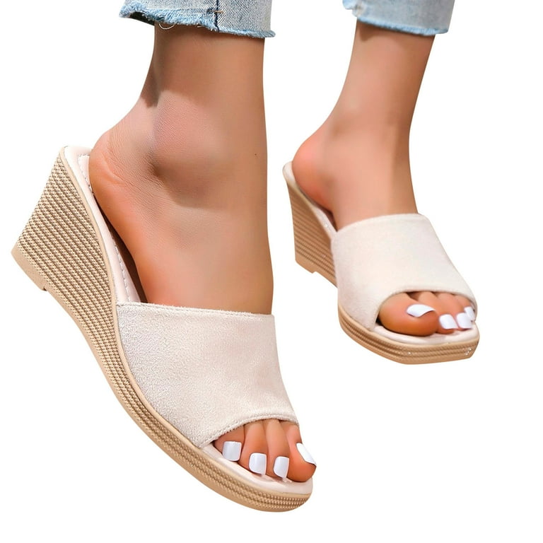 YUHAOTIN Nude Strappy Sandals Sandals Summer New Pattern Fashion Simple Solid Color Thick Sole Wedge Comfortable Non Slip Slip on Shoes Walking