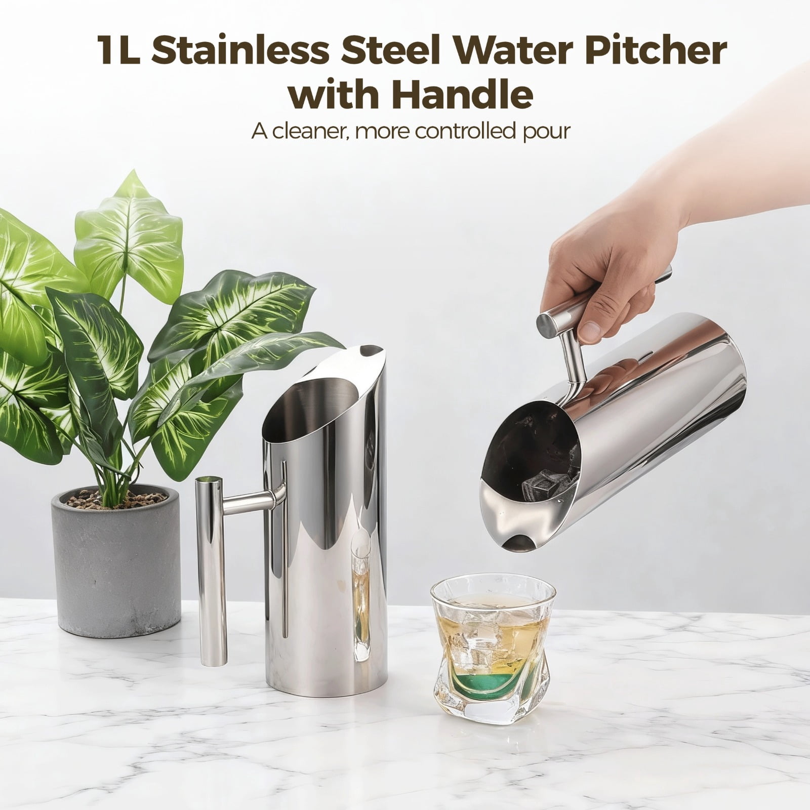 3 Pcs 1L Stainless Steel Water Pitcher Set with Handle, Large Capacity Iced Tea Jug for Coffee Juice Beer, Beveled Mouth Bar Mixing Jug for Home Kitchen Restaurant