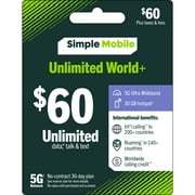 Simple Mobile $60 Unlimited World+ 30-Day Prepaid Plan + 30GB Mobile Hotspot, 50GB Cloud Storage & International Calling Credit e-PIN Top Up (Email Delivery)