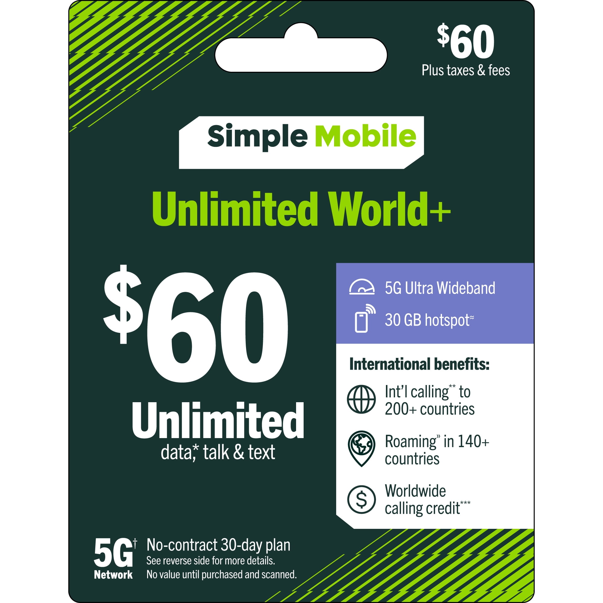 Simple Mobile $60 Unlimited World+ 30-Day Prepaid Plan + 30GB Mobile Hotspot, 50GB Cloud Storage & International Calling Credit Direct Top Up