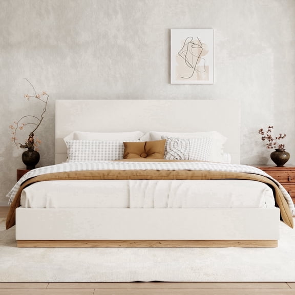VIPLOV KIng Size Bed Frame with Headboard, Upholstered Bed Frames,with Enclosed Wood Base, Metal Structure & Wood Slats Support,No Noise, Easy Assembly, Beige