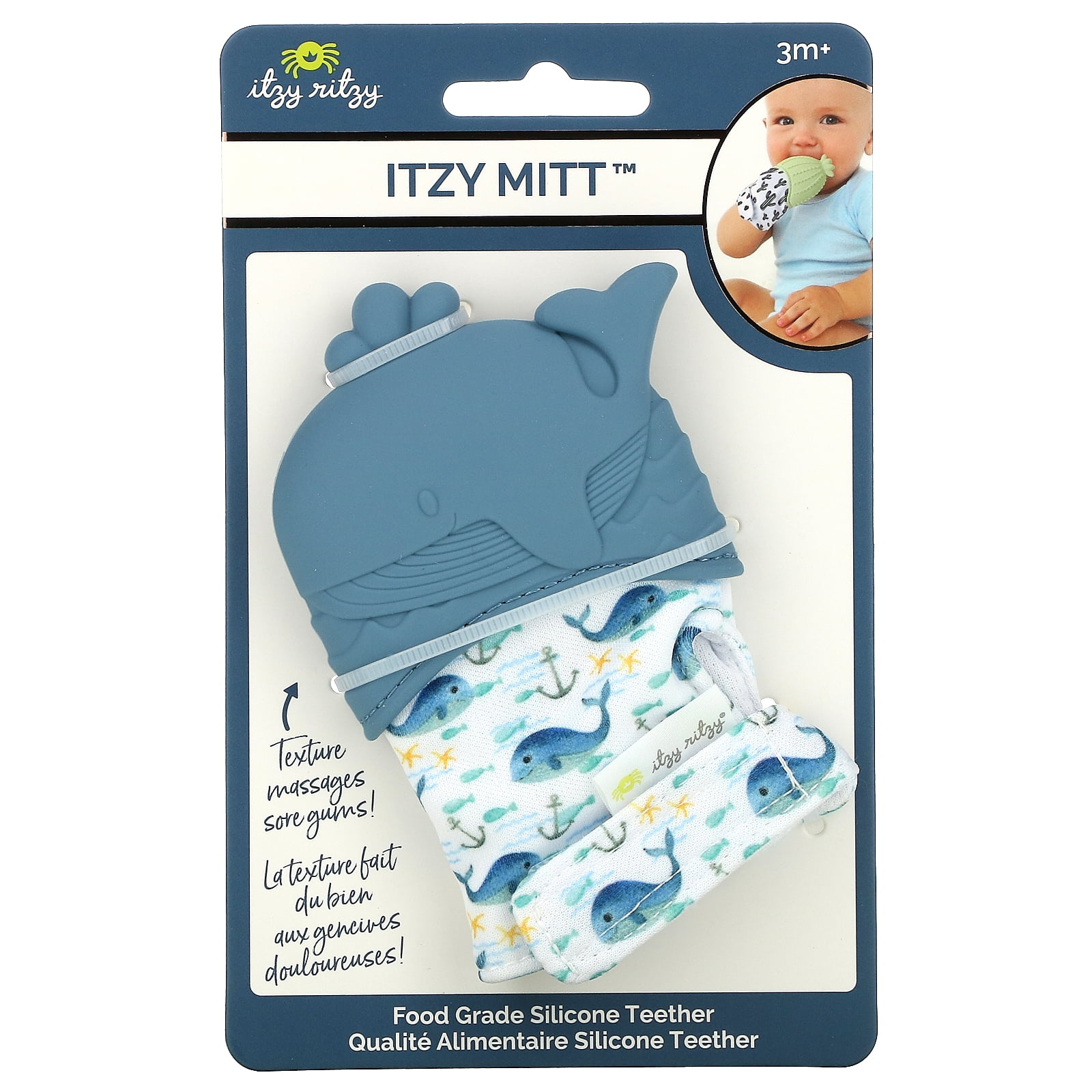 Itzy Ritzy Silicone Teething Mitt - Soothing Infant Teething Mitten with Adjustable Strap, Crinkle Sound & Textured Silicone to Soothe Sore & Swollen Gums, Whale