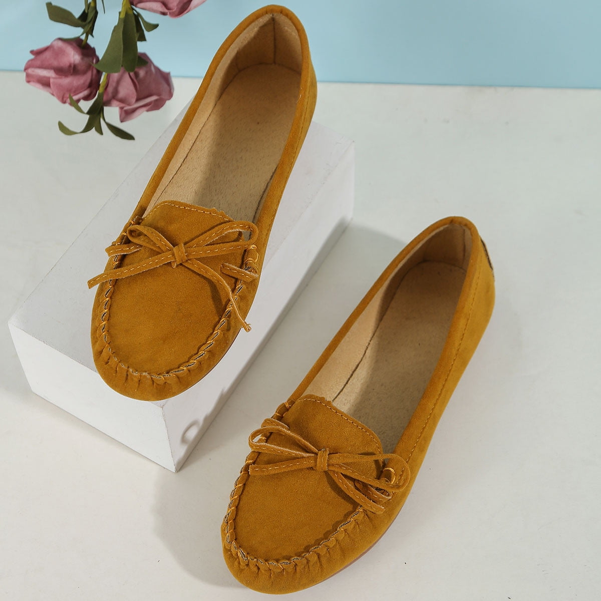 Hinvhai Women's Suede Leather Casual Penny Loafers Clearance,Retro Ladies Moccasins Comfort Non Slip Fashion Boat Shoes Classic Flats Brown 8.5(41)