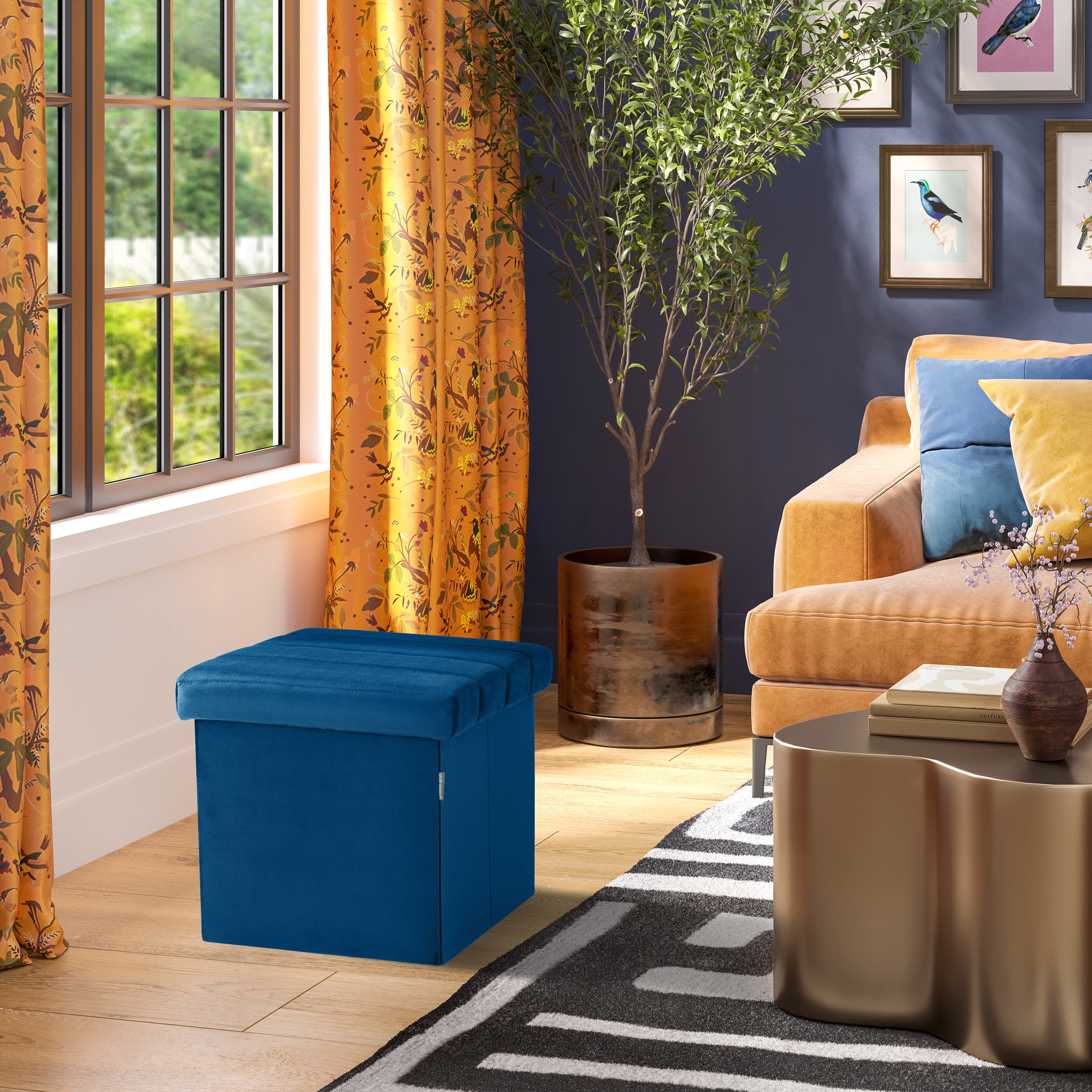 Seville Classics Cushioned Fabric Ottoman Hidden Storage Chest Footrest Chair for Bedroom, Dorm, Loft, Living Room, Entryway, Hallway, Blue Velvet, 15.7" Cube