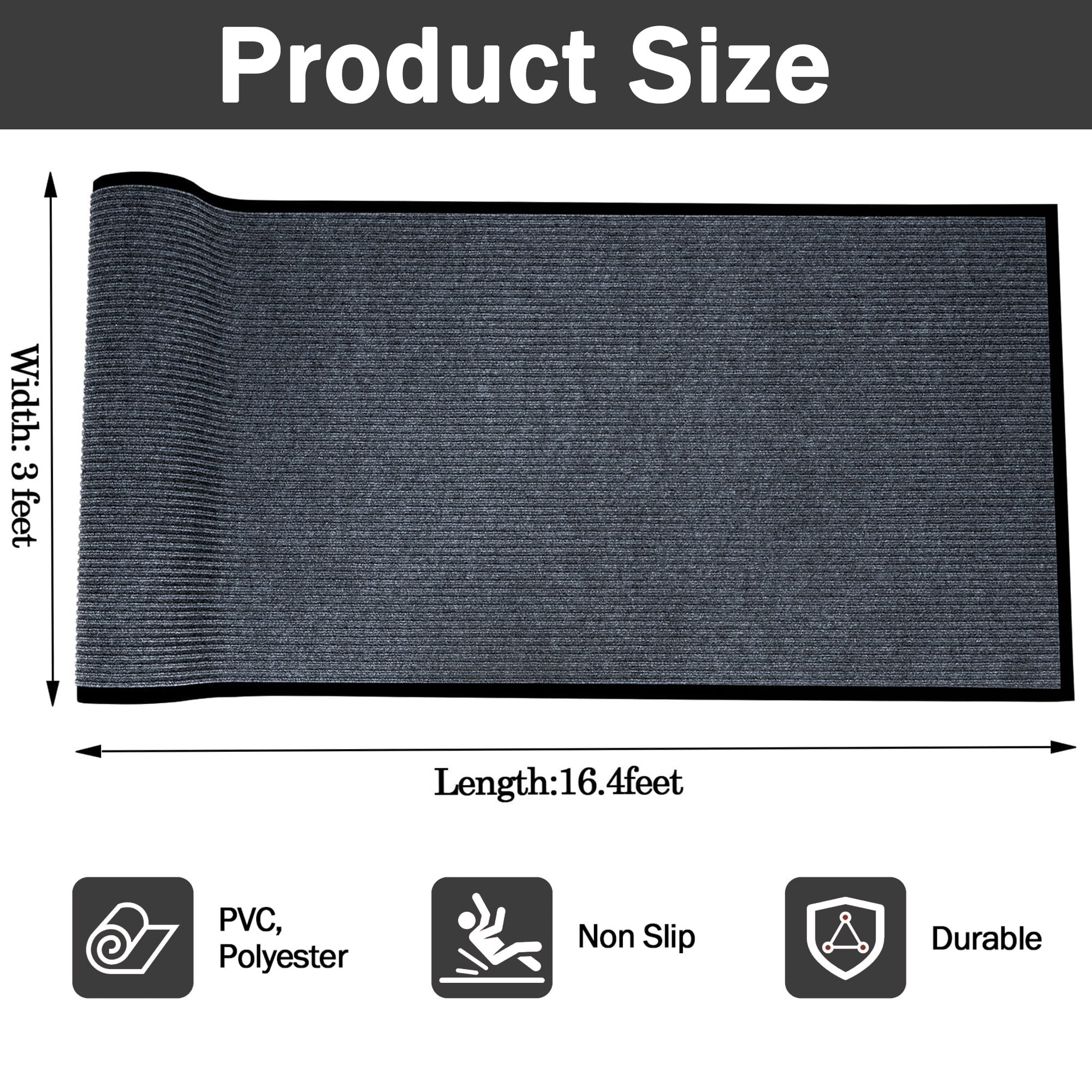 Petoto 16 x 3ft Commercial Carpet, Non-Slip Hallway Runner Rug with Rubber Backing, Indoor Outdoor Entrance Stripe Mat, Gray