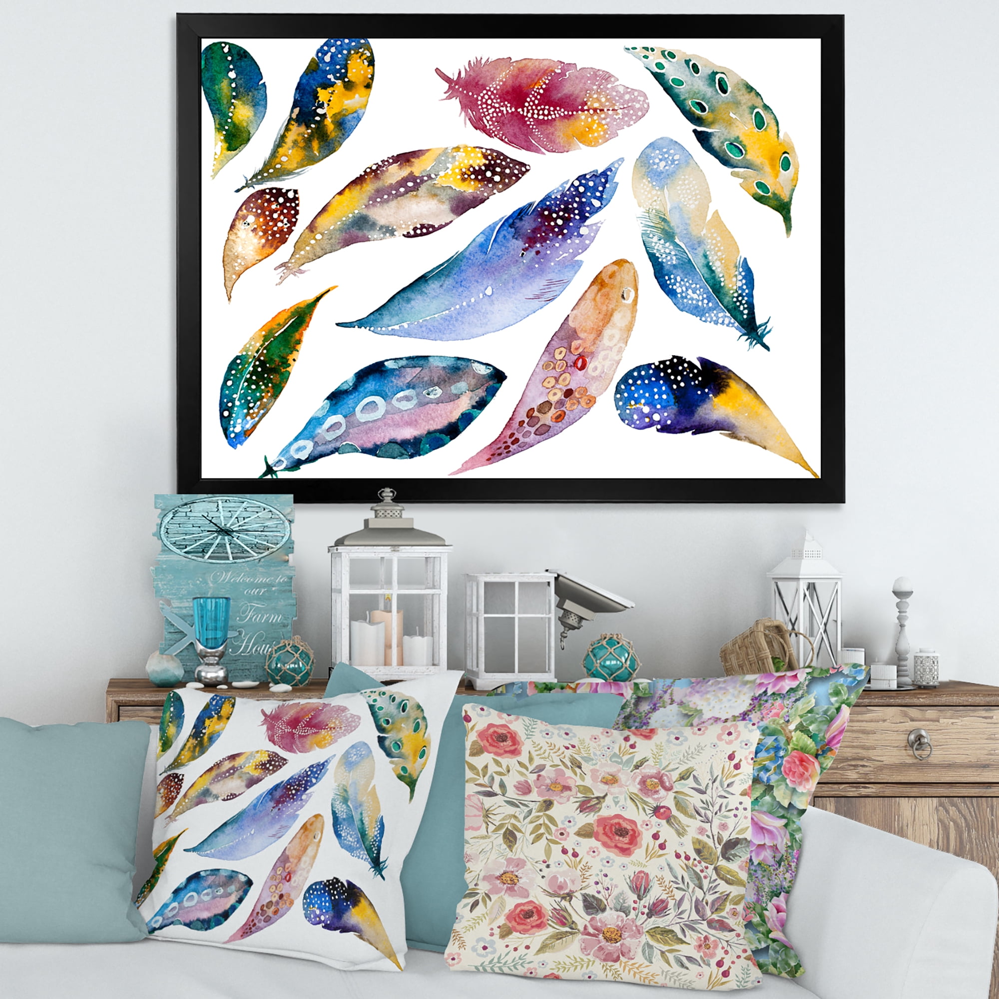 Designart 'Colourful Boho Feather Set On White VI' Bohemian & Eclectic Framed Art Print