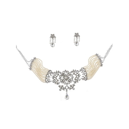 - Rhodium Crystal Rhinestone Faux Pearl Choker Necklace Dangle Earrings Bridal Jewelry Set