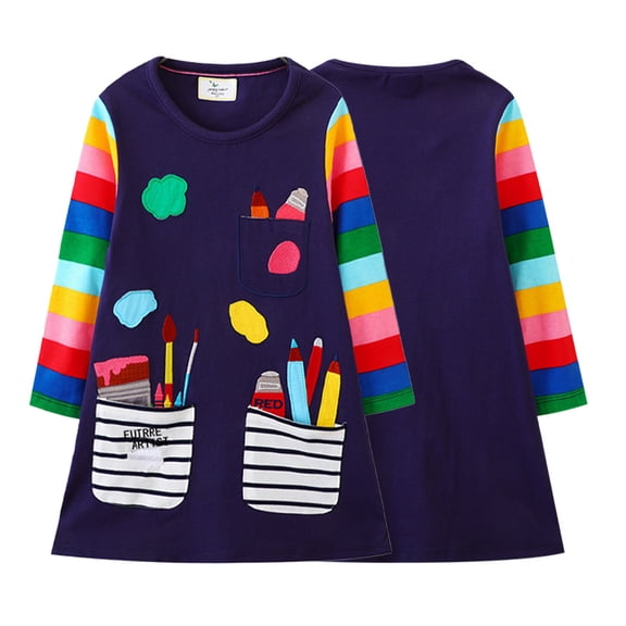 Esaierr Girl Long Sleeve Dress A-Line Swing Casual Dresses Spring Fall Cotton Girls Dresses Embroidered Pockets Dress for Kids Toddler 2-8 Years Old