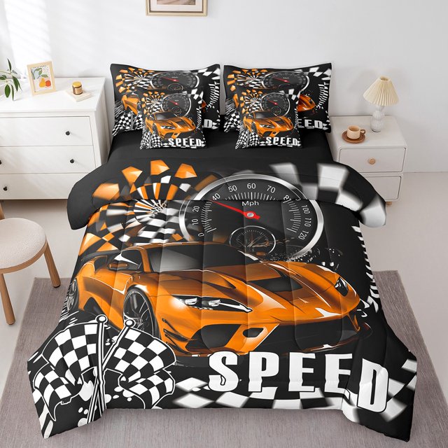 Erosebridal Ensemble de Literie Voiture de Sport pour Ados Format Simple, Ensemble de Lit Jeu de Vitesse, Décor Thème Voiture de Course, Réversible