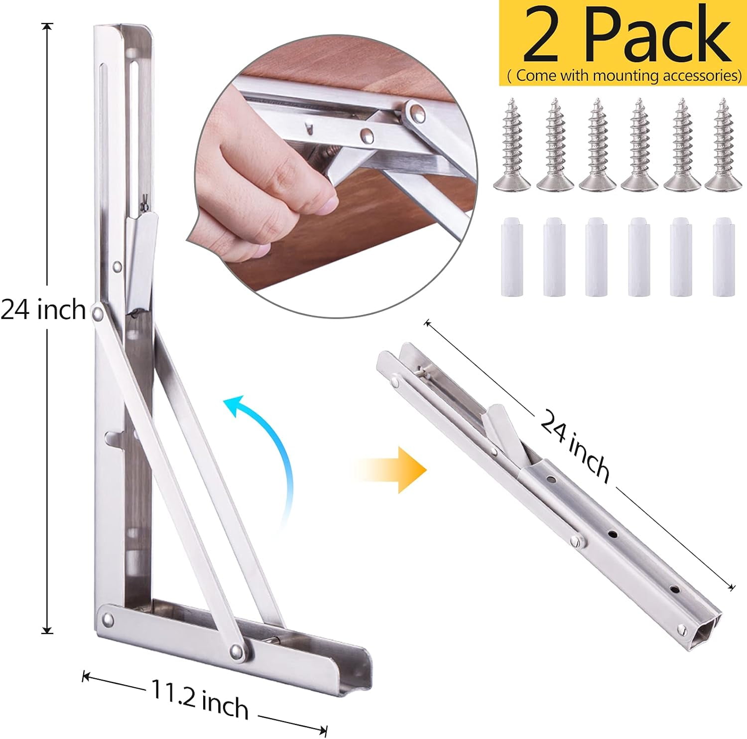 Pynsseu 24 inch Folding Shelf Brackets, Brushed Stainless Steel, 2 Pack