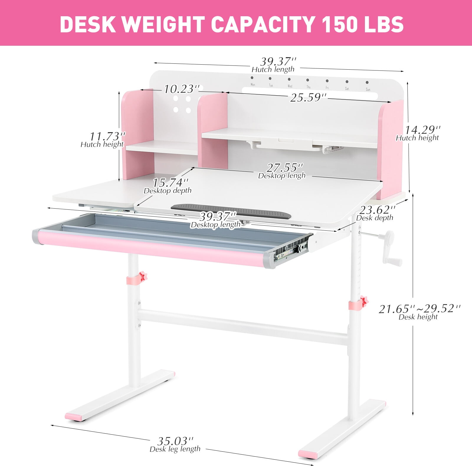 Adjustable Height Ergonomic Kids Study Desk & Chair Set Children Students Drafting Table Home School with Shelf,Drawer(Pink)