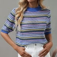 thumbnail image 5 of TFEOQRY Pullover Sweater for Women Striped Hollow Knit Wear Long Sleeved Round Neck Sweater Top Blue, 5 of 6