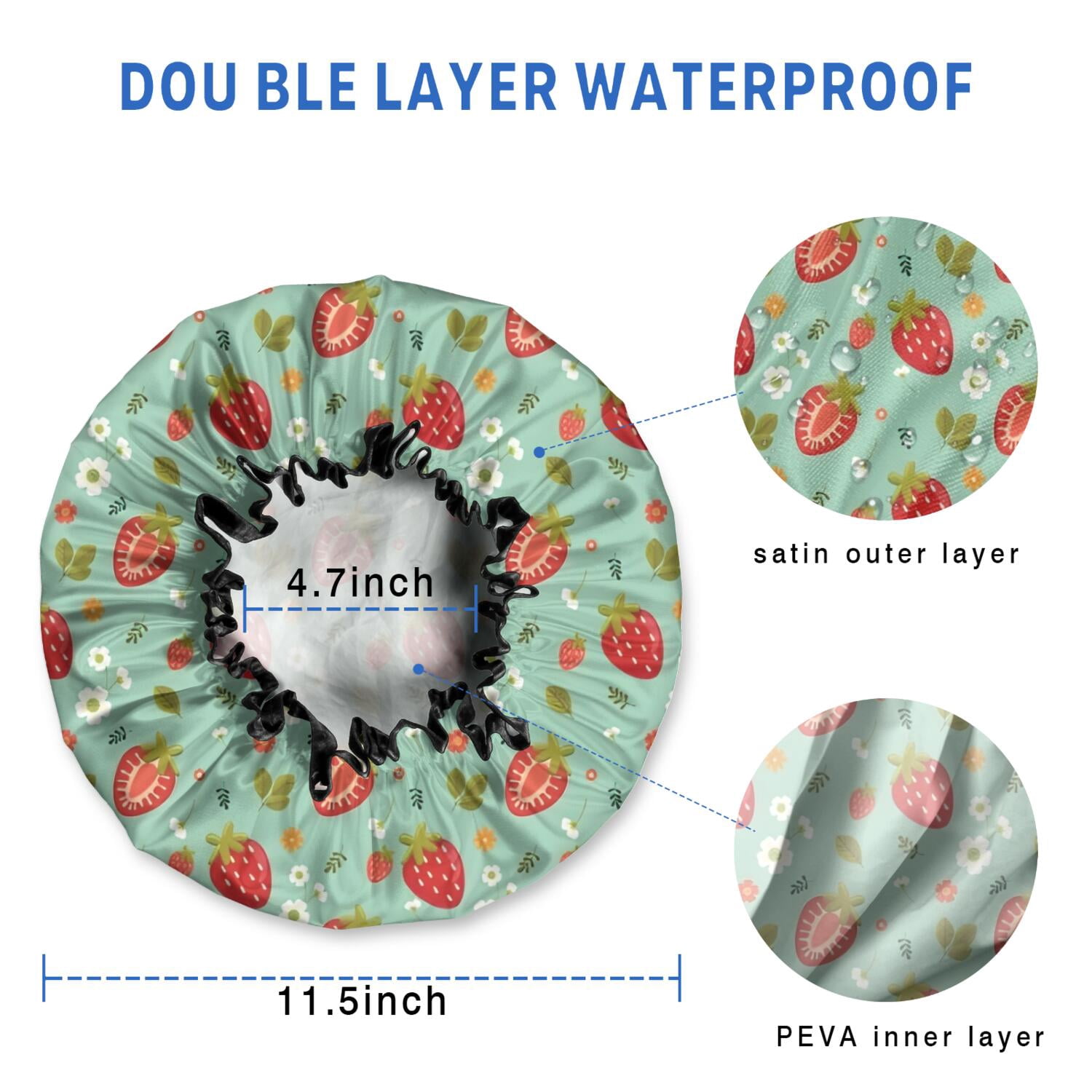 Shower Caps,Strawberry Plants Fruit Flower Leaf Green Pattern Waterproof Shower Cap for Women 4 Pieces,Double Reusable Hair Cover for Shower PEVA Elastic Stretch Hem