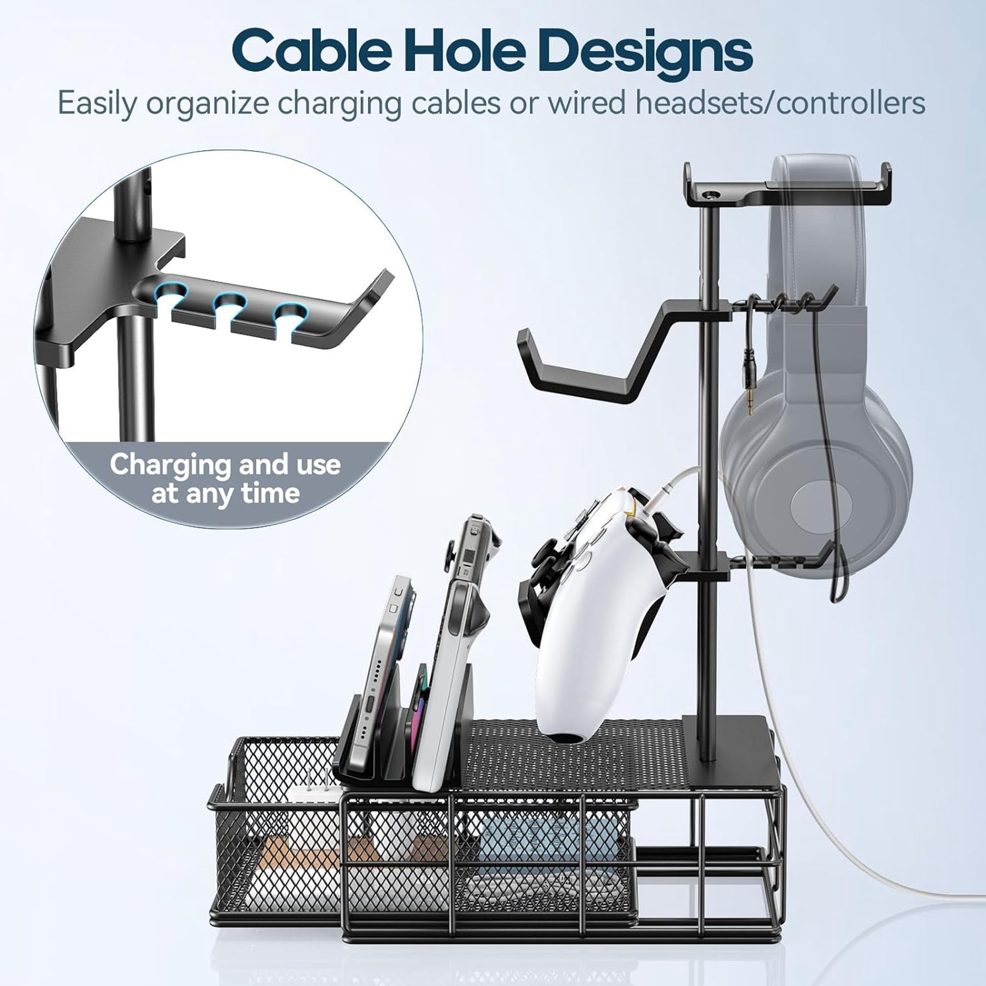 KDD Headphone Stand, Gaming Controller Holder, Desk Organizer Metal Headset Stand with Drawer Cable Organizer
