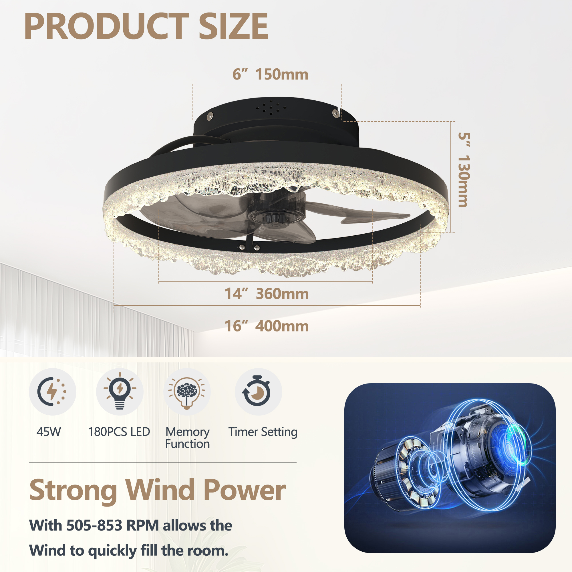 Leumius 16" Decorative LED Ceiling Fan Light, Modern Flush Mount with Acrylic Ring, Hidden Blades, Remote Control and Dimmable Light for Bedroom, Kids Room, Study Room (Black)