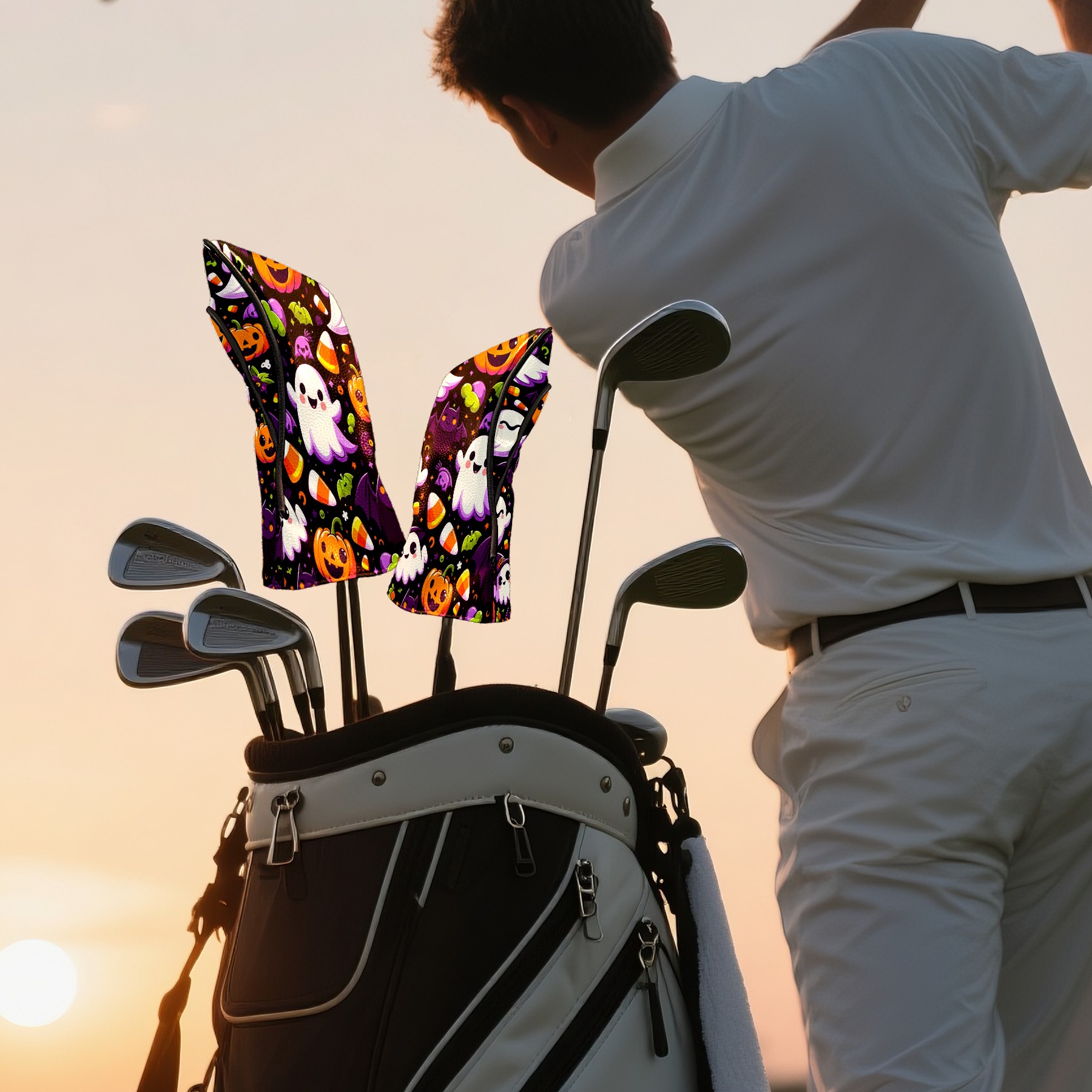 Golf Club Covers, Black Halloween Ghosts Premium PU Leather Driver Hybrid Putter Head Covers with Velvet Lining, Waterproof Golf Gifts for Men Women