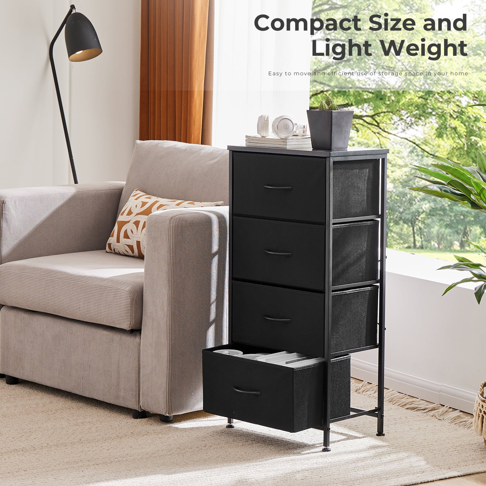 Aidoly Dresser, 4 Storage Drawers, Anti-Tip Fabric Closet Chests Organizer Tower Furniture with Wooden Top, Metal Frame, Black