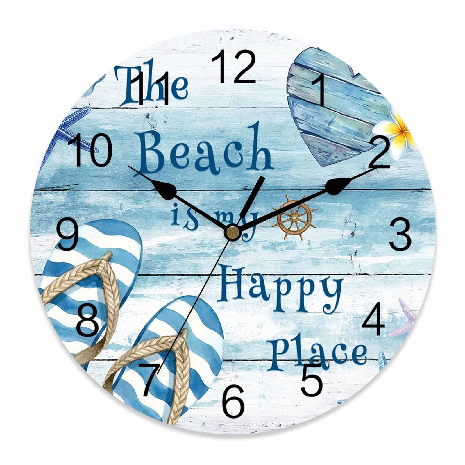 Wall Clock Summer Flip Flops Clocks PVC Silent Non-Ticking Battery Operated Decorative The Beach Is My Happy Place Round Clock for Home Living Room Kitchen Bedroom Office School Wall Decor 10 Inch