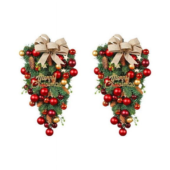 2Pcs Christmas Front Door Wreath Xmas Teardrop Wreath for Front Door, Wall, Fireplace plastic metal