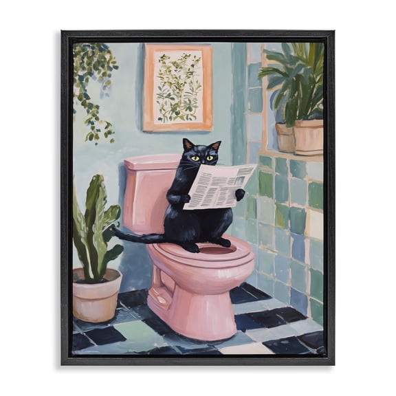 Stupell Industries Eclectic Cat Reading on Pink Toilet Black Floating Frame Canvas Art, 17 x 21, by The Prints Vibe