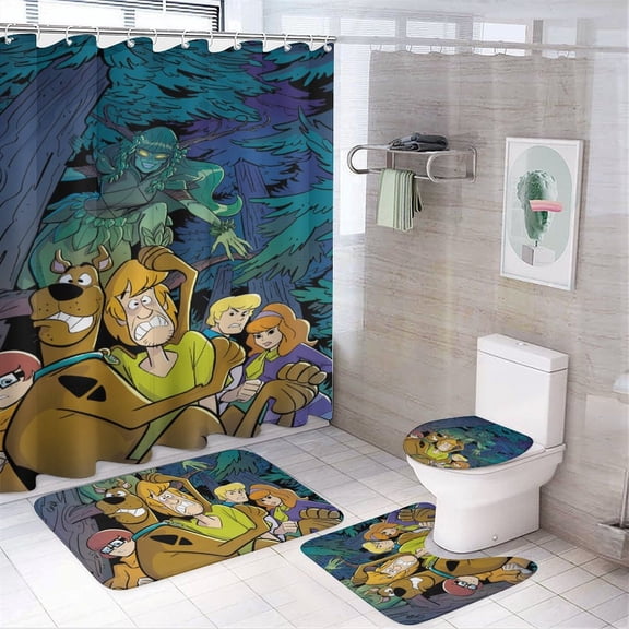 Scooby Doo 4 Piece Shower Curtain Set with Non-Slip Rugs, Toilet Lid Cover and Bath Mat, Cartoon Bathroom Decor Waterproof Shower Curtain with 12 Hooks, 72 x 72inch
