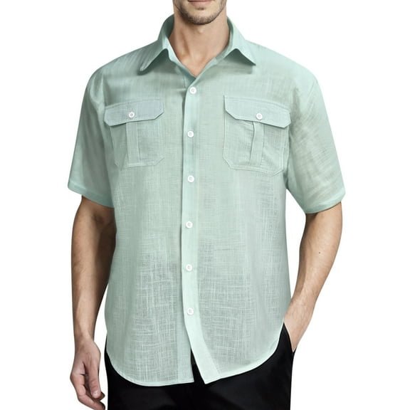 ZQUUVOU Men's Shirt Solid Color Button Casual Short Sleeved Shirt Pocket (Mint Green,2XL)